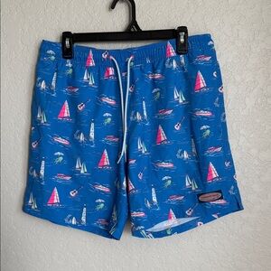 Vineyard Vines Blue Swim Trunks with Pink and White Sailboat Print